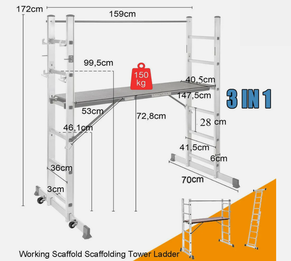 3-in-1 Multi-Use Aluminium Scaffold Tower with Step Ladder and Platform RUBILSTON