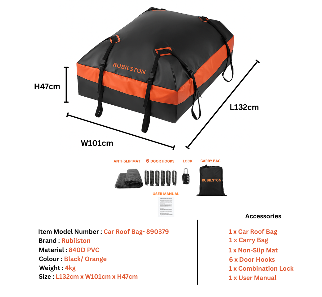 Rubilston Large Capacity Car Roof Bag 566L 840D Waterproof, Foldable Roof Bag RUBILSTON