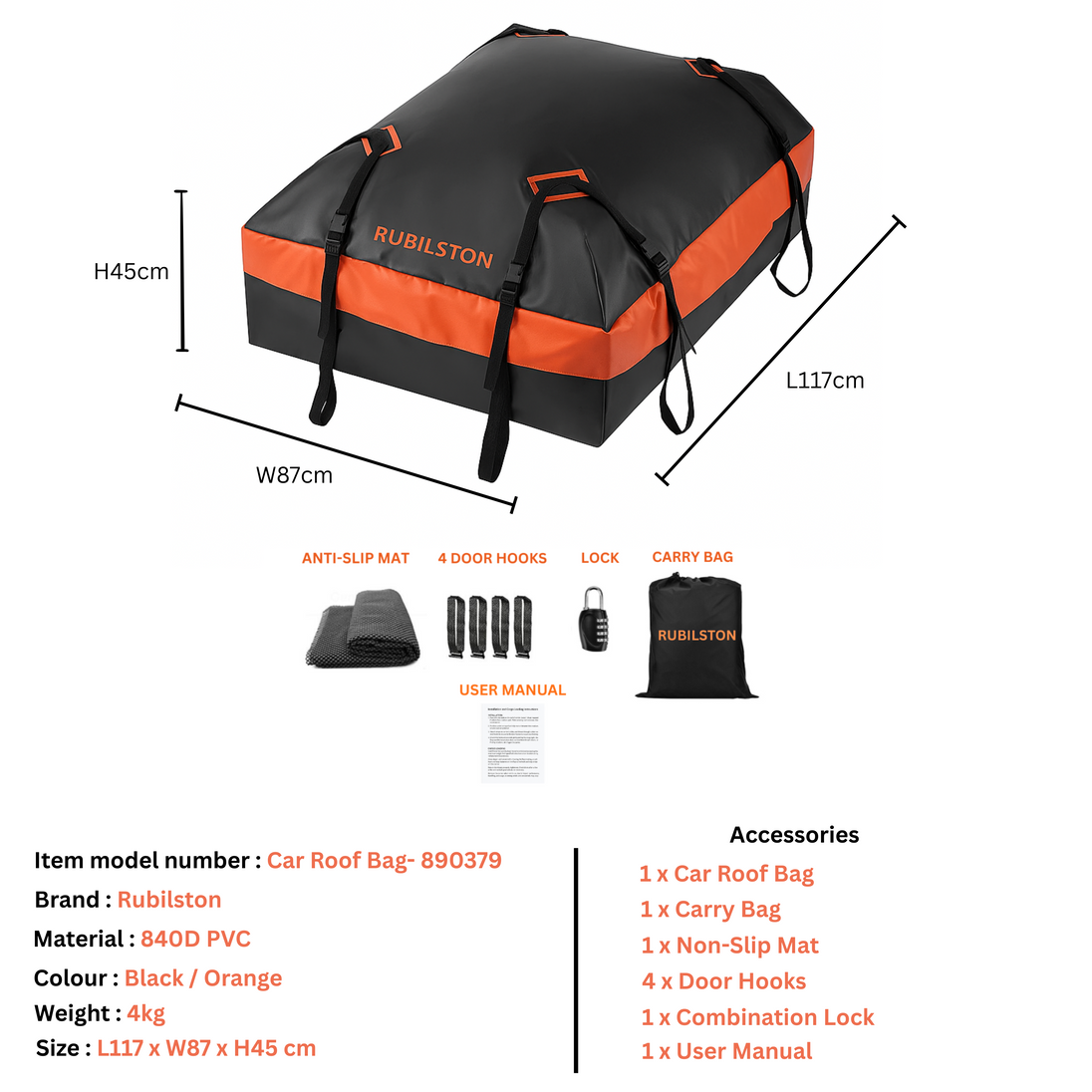 RUBILSTON  566L, 840D Material Large-Capacity Car Roof Bag, Luggage Carrier with Anti-Slip Mat, Waterproof Roof Box RUBILSTON