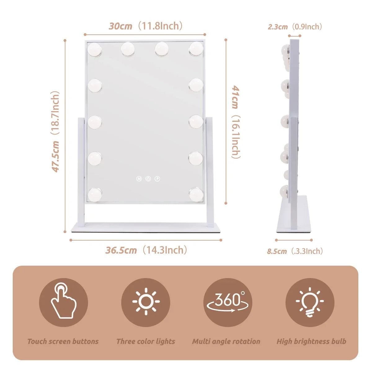 Hollywood LED Makeup Mirror with 12 Dimmable Bulbs, 360° Rotation, 3 Color Modes, Smart Touch Control RUBILSTON